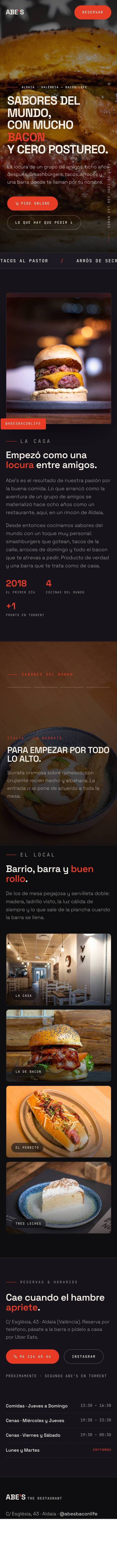 Web completa de Abe's en versión oscura: Sabores del mundo, con mucho bacon y cero postureo; la carta, el local y los horarios