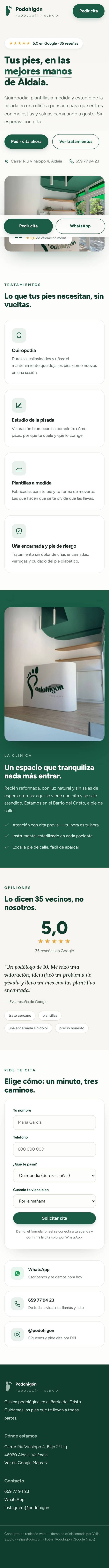 Web completa de Podohigón, clínica podológica: tratamientos, opiniones con 5 estrellas y formulario para pedir cita