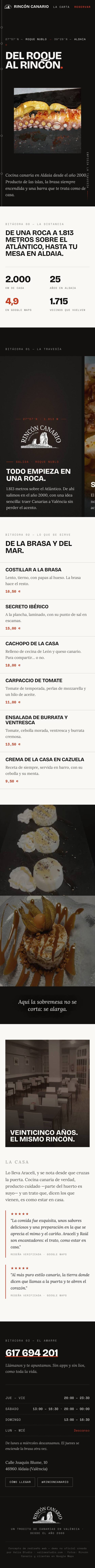 Web completa de Rincón Canario: Del Roque al Rincón, la historia, la carta de la brasa y el mar, y reservas