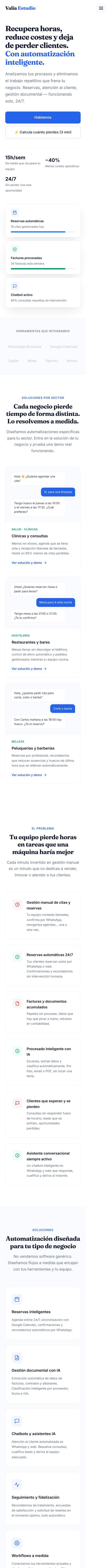 Web de Valía Estudio: Recupera horas, reduce costes y deja de perder clientes con automatización inteligente; soluciones por sector con demos de chat